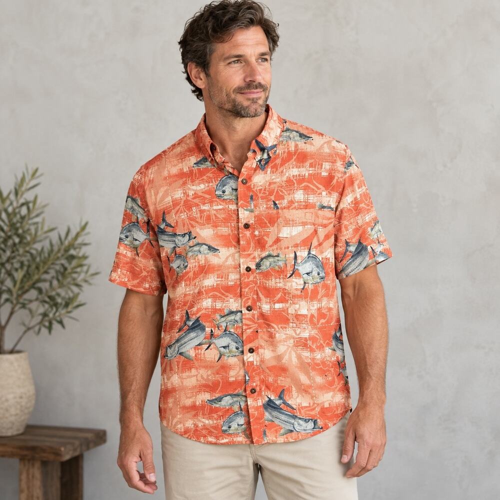 Columbia Orange Fish Print Button Up Shirt Men's Large
